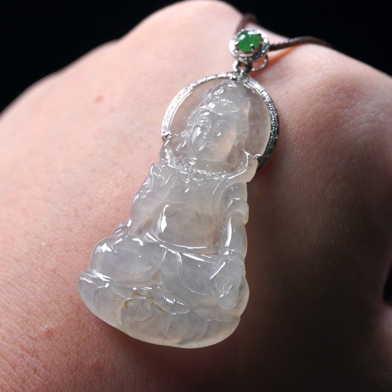 冰种翡翠观音菩萨项链 18K金钻石 | 天然缅甸玉翡翠A货 | 送礼 - 项链 - 玉石 透明