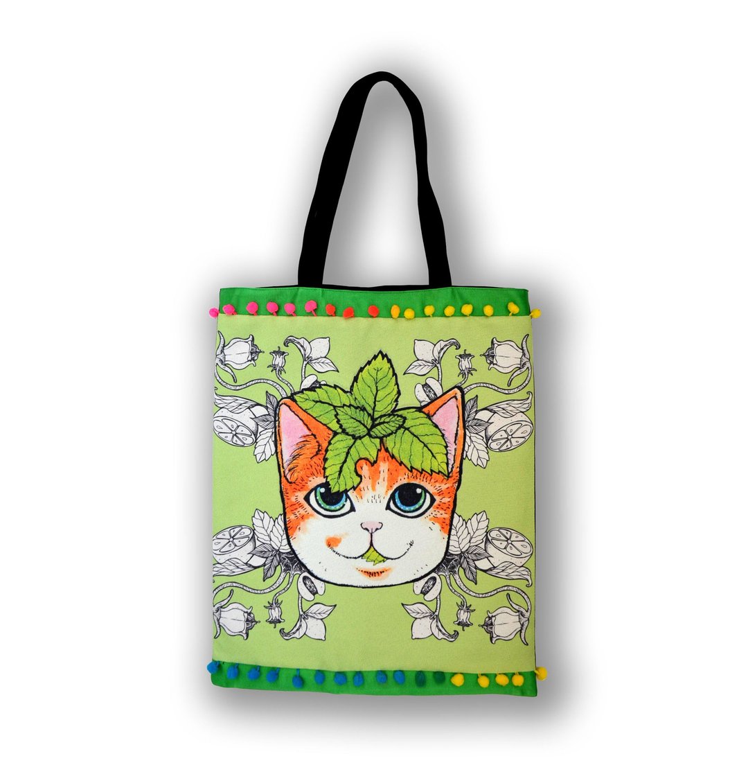 GOOKASO 青绿色薄荷印花图案手提袋Totabag 背车以中古和服布制作 - 手提包/手提袋 - 其他材质 绿色