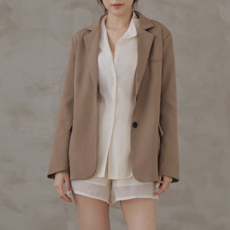 二侧小开衩英式宽松西装外套-咖啡色 - 女装西装外套/风衣 - 棉．麻 咖啡色