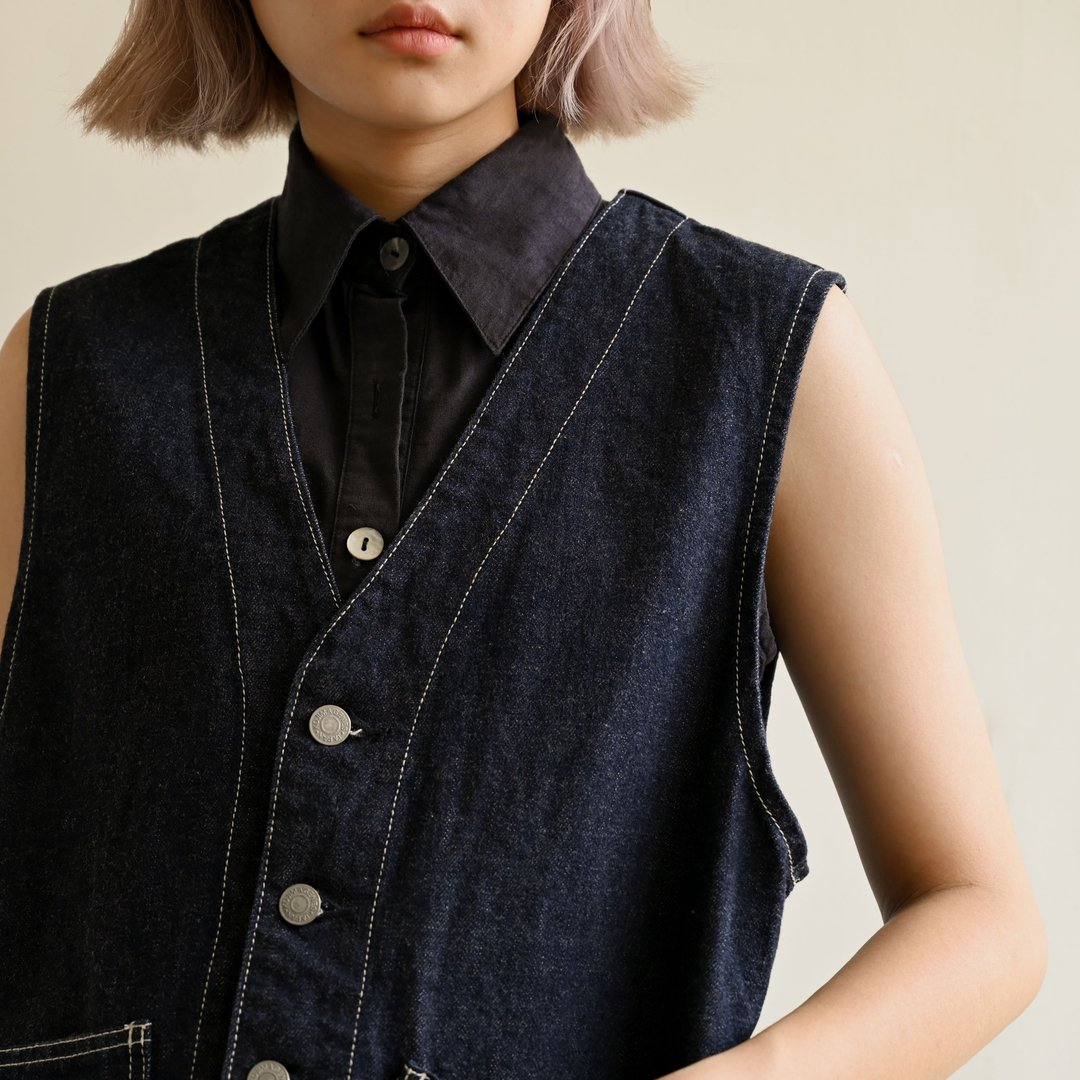 【NaSuBi Vintage】明线车缝牛仔面料宽版古着背心 - 女装上衣 - 棉 