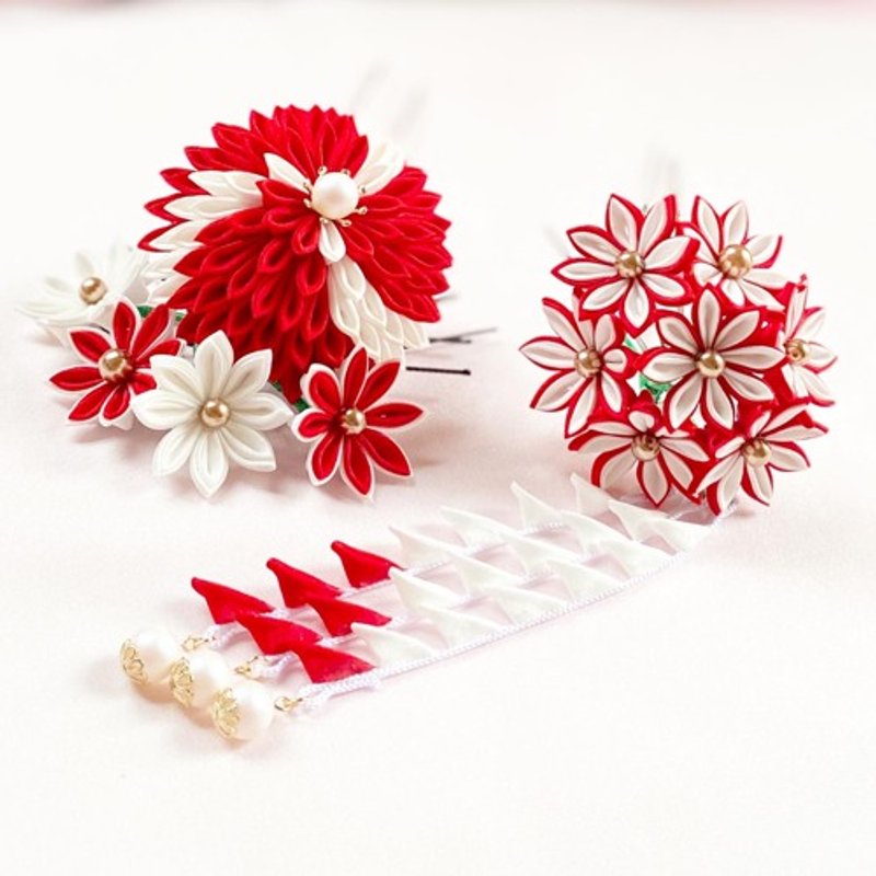 Knob work Hair ornaments Celebration Kanzashi Coming-of-age ceremony Wedding Ceremony Kimono - 发饰 - 丝．绢 红色