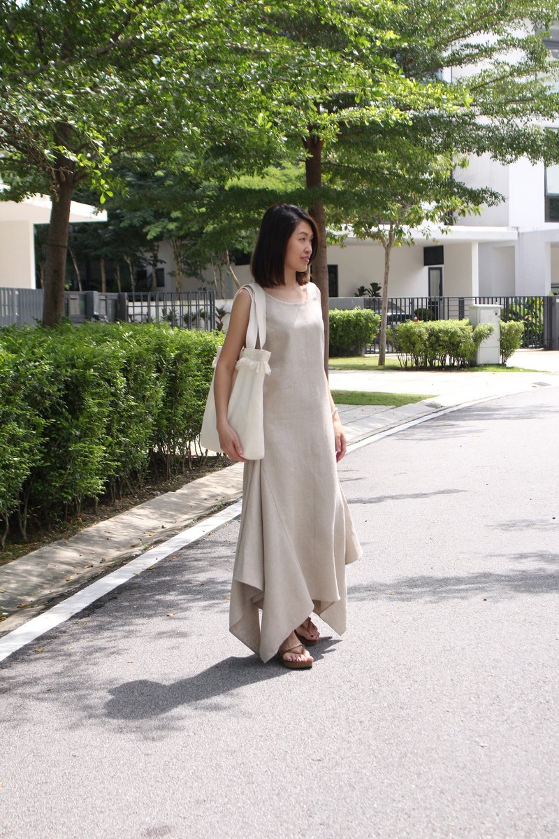 Linen Dress / Long Linen Dress / Lace Detailed / Full Asymmetrical Fit / EP-D646 - 洋装/连衣裙 - 亚麻 