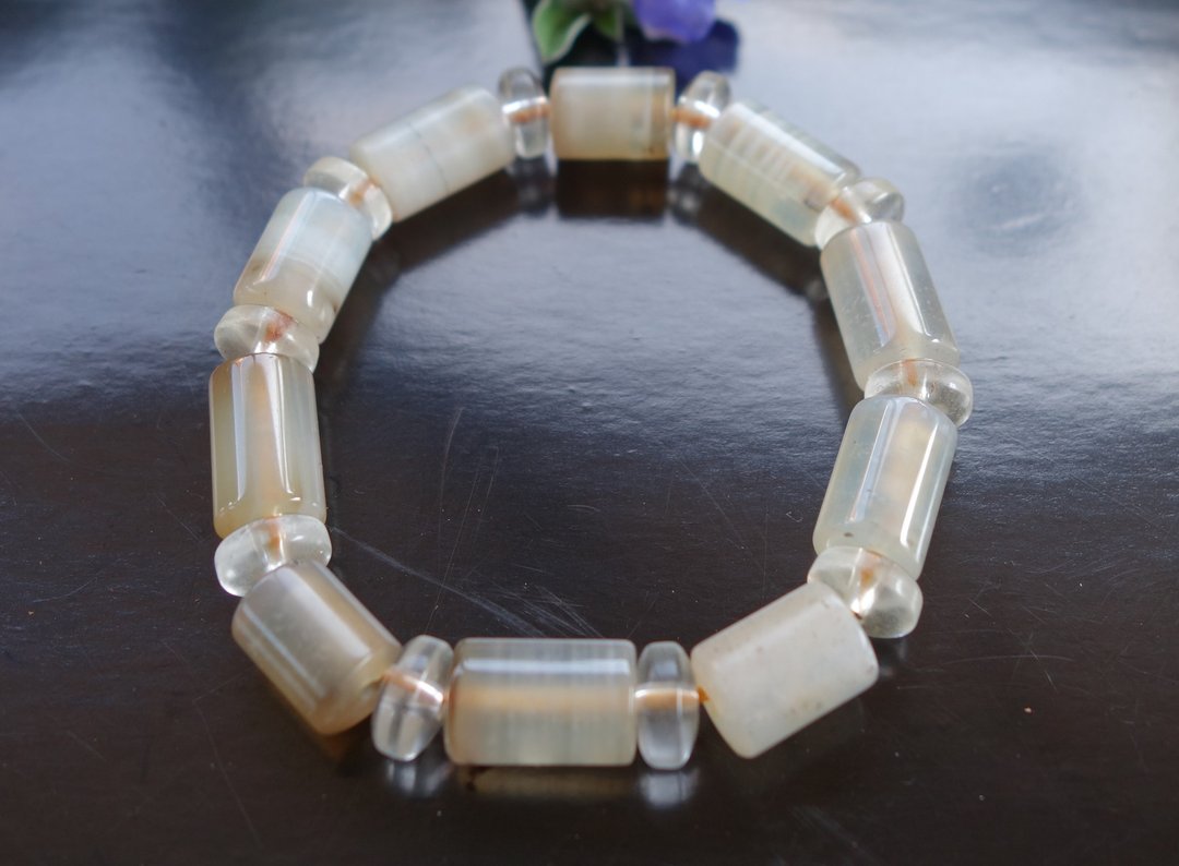老缐珠10粒 天然玛瑙 白玉髓 天珠 水晶 手串 手链 老天珠 老珠子 - 手链/手环 - 玉石 银色