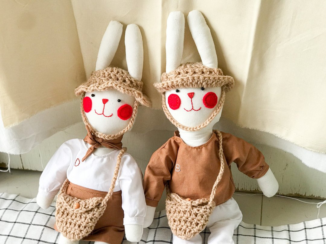Customized Gift Handmade doll : Rabbit doll couple - 玩偶/公仔 - 棉 咖啡色