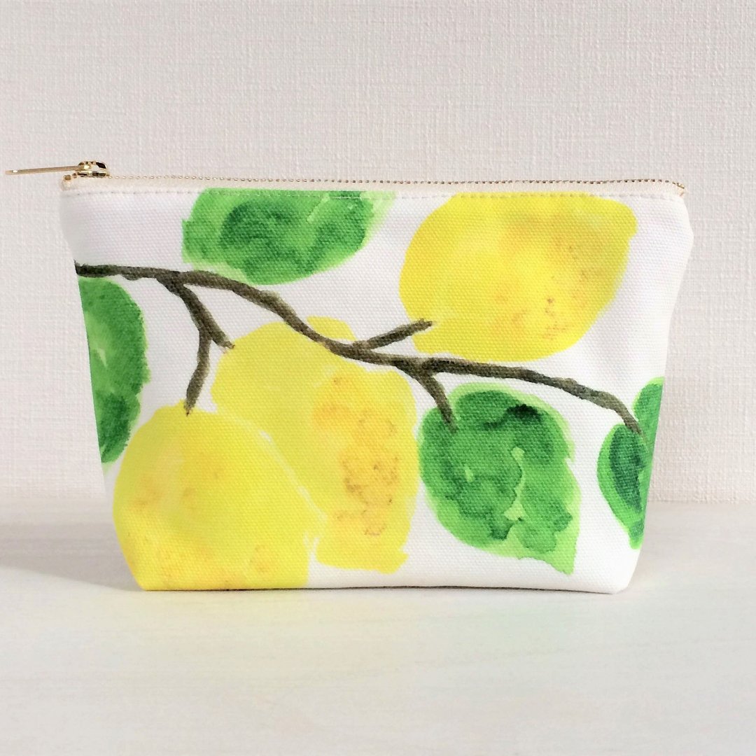 Fruit garden gusseted pouch Lemon - 化妆包/杂物包 - 棉 黄色