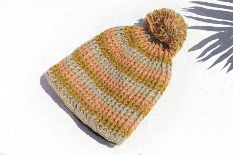 圣诞节礼物 交换礼物 圣诞快递 紧急礼物 限量一件 手织纯羊毛帽 / 针织毛帽 / 内刷毛手织毛帽 / 毛线帽- 条纹针织帽 英式奶茶 - 帽子 - 羊毛 多色