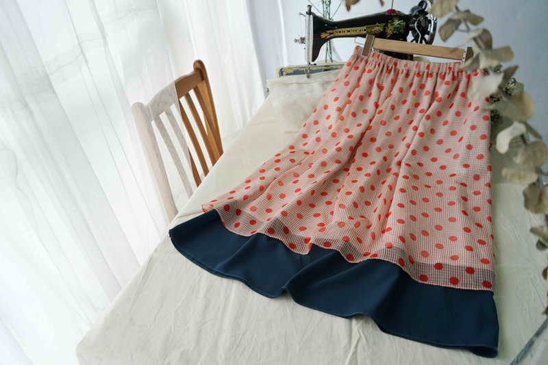 设计手作-粉红圆点雪纺飘逸拼接色块松紧腰八分长裙 - 洋装/连衣裙 - 聚酯纤维 粉红色