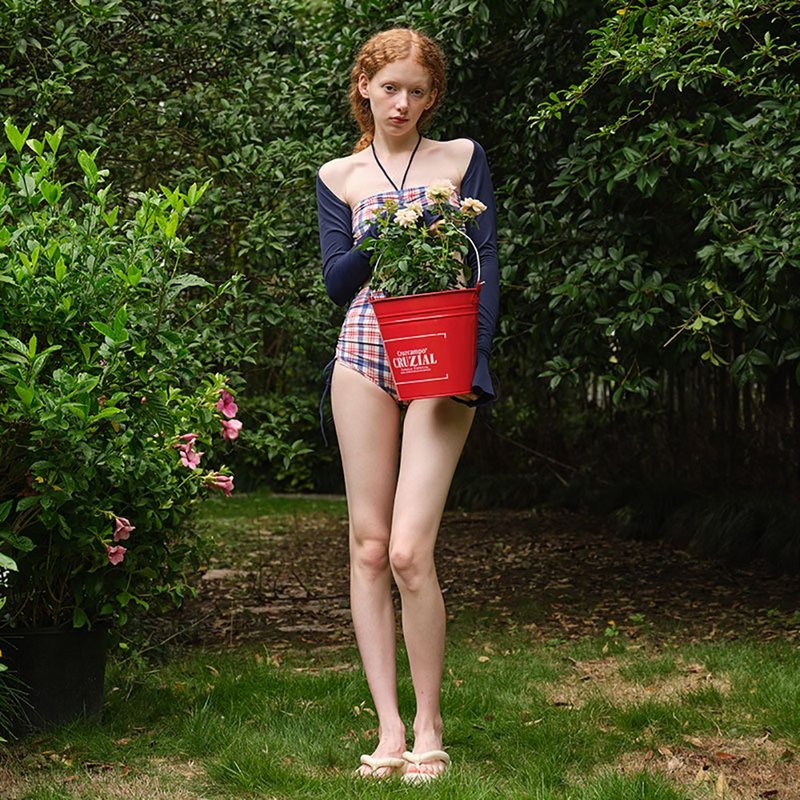 挂脖三件套分体泳装高腰抽褶红白蓝格子遮肉分体泳衣 - 女装泳衣/比基尼 - 其他材质 多色