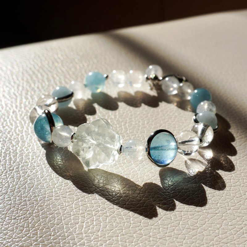 海蓝宝 蓝光月亮石 萤石 白水晶 蓝雪花 水晶 手链 - 手链/手环 - 水晶 蓝色
