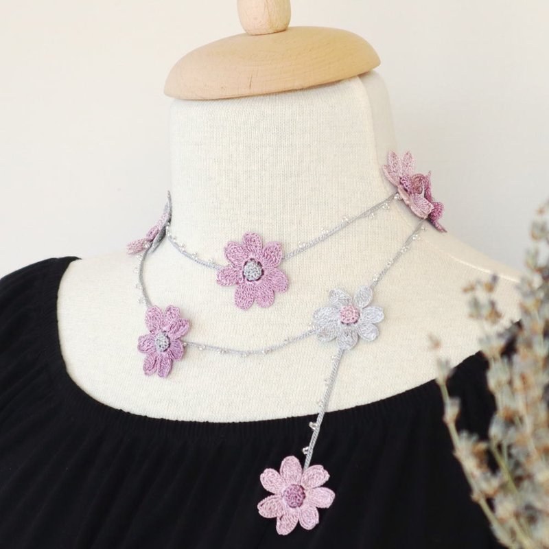 蕾丝编织 90 厘米长项链【雏菊】丁香雾紫 - 项链 - 聚酯纤维 紫色