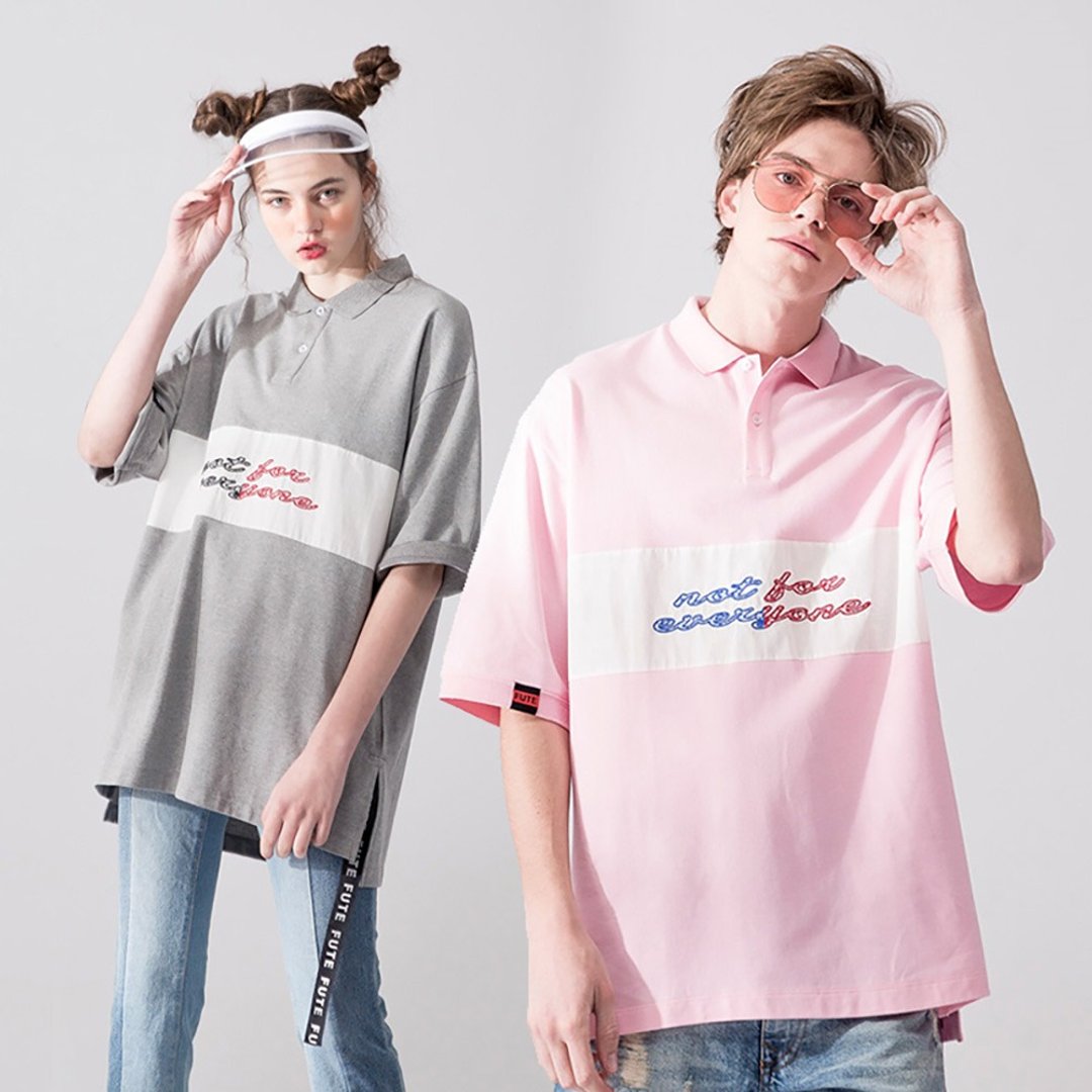 Goody Bag - 宽松落肩 Polo shirt / 麻灰色+粉红色 - 中性连帽卫衣/T 恤 - 棉 粉红色