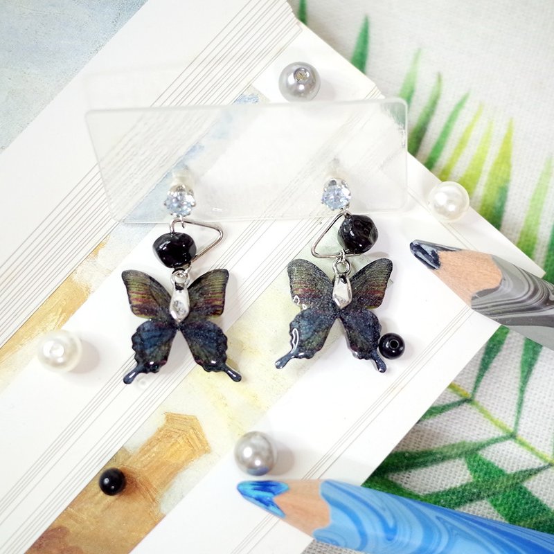 台湾特有种 琉璃带凤蝶 黑玛瑙 绘画耳环 耳针/耳夹 - 耳环/耳夹 - 防水材质 黑色