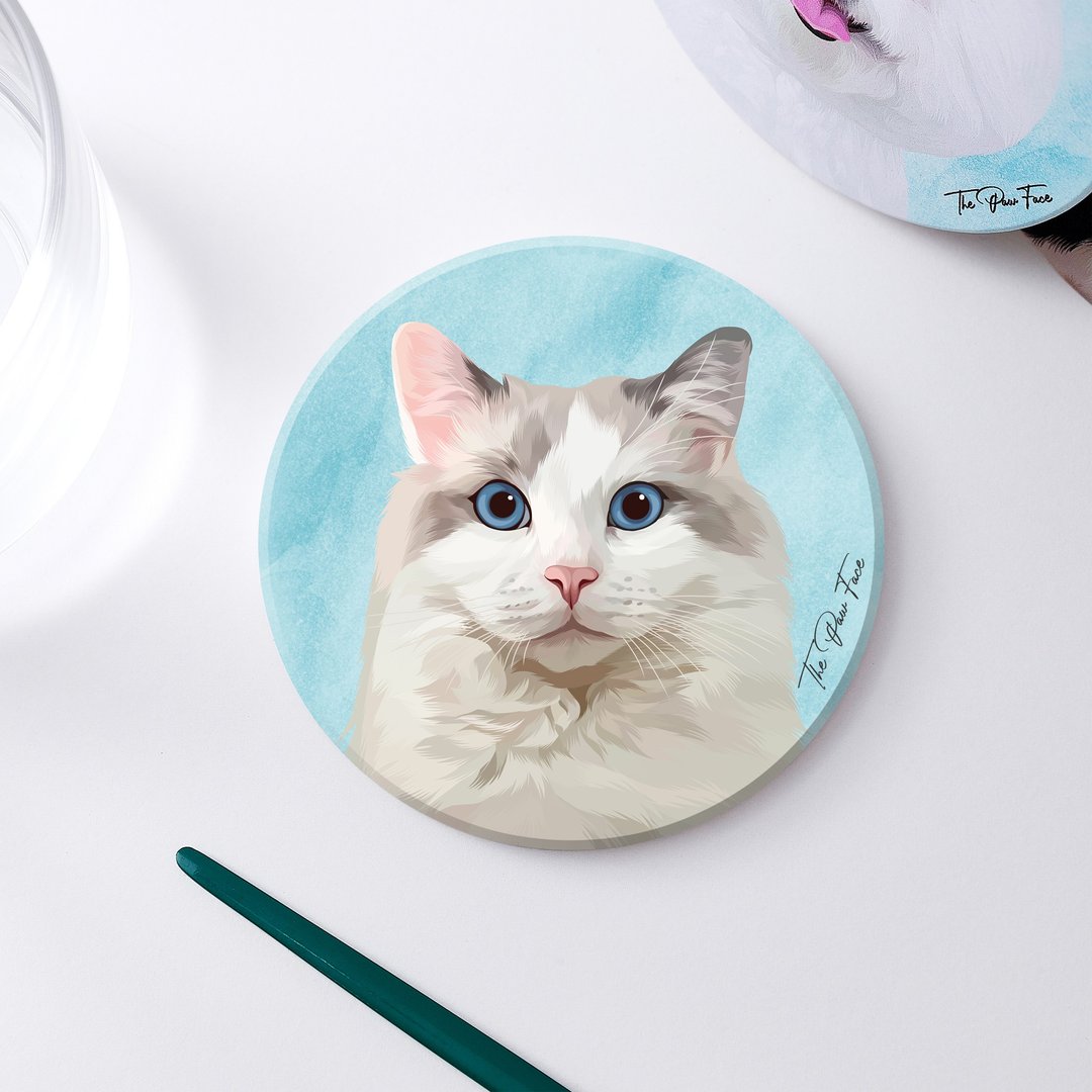 蓝色布偶 布偶猫 猫猫-圆型陶瓷吸水杯垫/动物/居家用品 自家设 - 杯垫 - 陶 