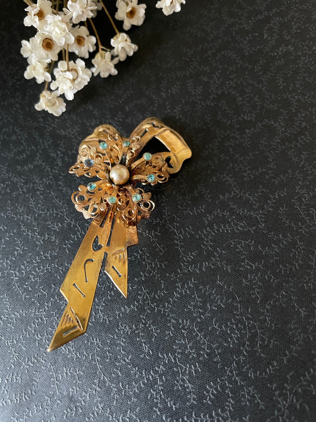 1古董金色古金色蝴蝶结缎带莱茵石大别针胸针 B881 - 胸针 - 其他金属 金色
