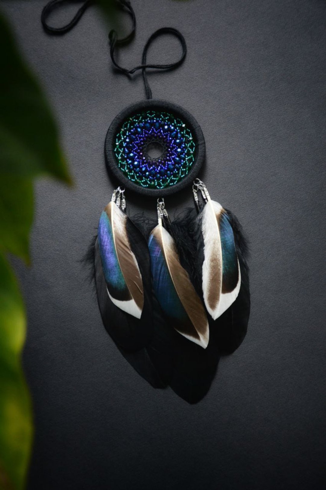 Blue black green Dream catcher with natural feathers | Native American style - 墙贴/壁贴 - 琉璃 蓝色