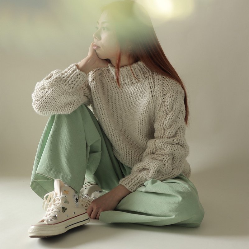 灰白色冰岛绒手工编织毛衣 粗棒针 春款 秋冬 - 女装针织衫/毛衣 - 羊毛 