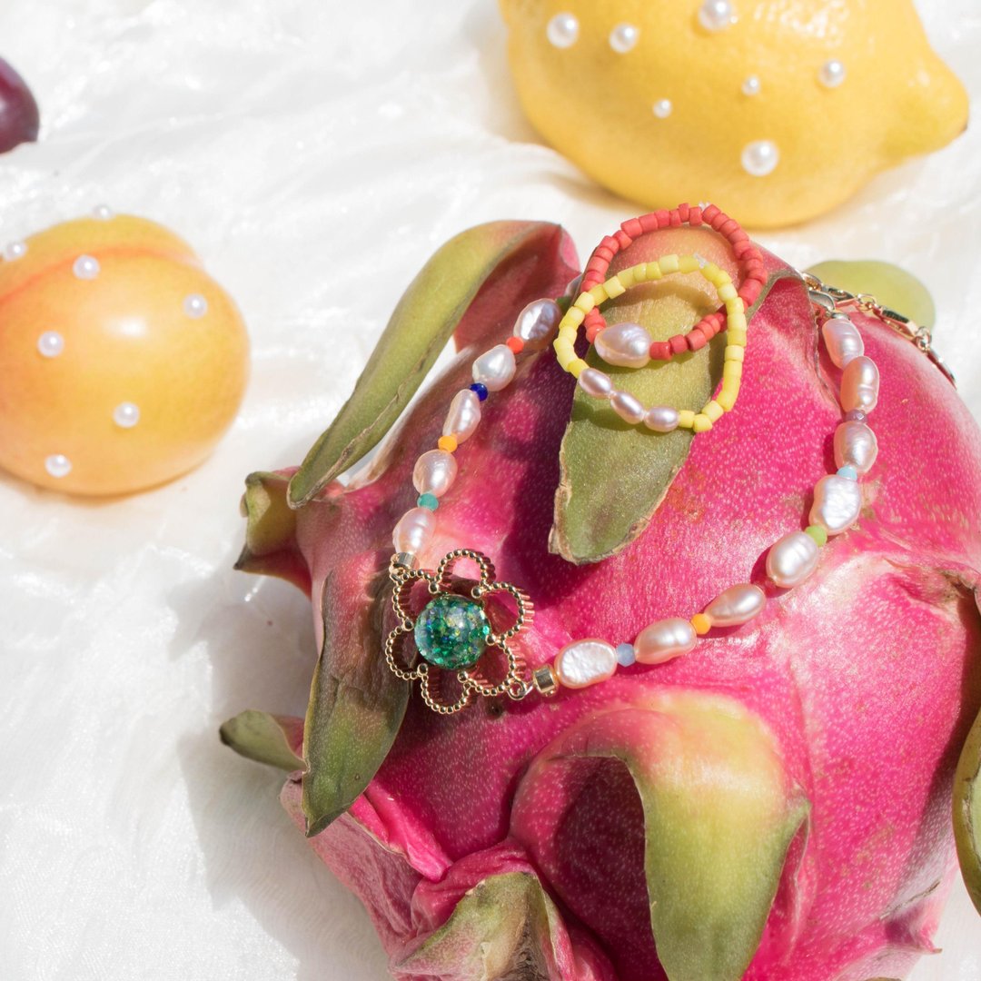 Glassbeads & Pearl Bracelet,Ring SET(lemon&green) - 手链/手环 - 玻璃 黄色