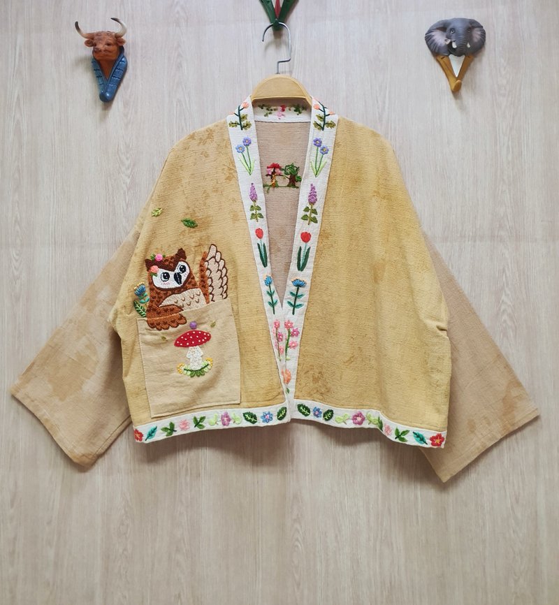 手工刺绣开衫、棉、猫头鹰、蘑菇、花 - 女装休闲/机能外套 - 绣线 卡其色