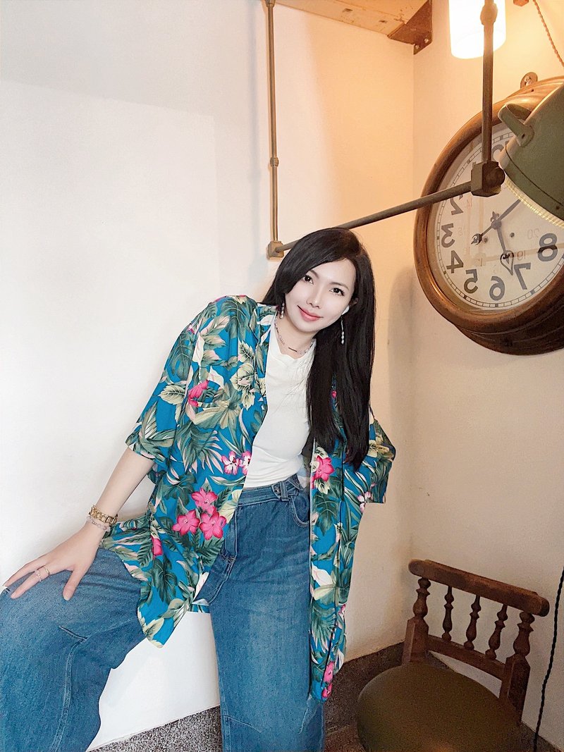 蓝绿色花卉 夏威夷衫 古着衬衫上衣 Aloha Shirt ハワイアンシャ - 女装衬衫 - 丝．绢 多色