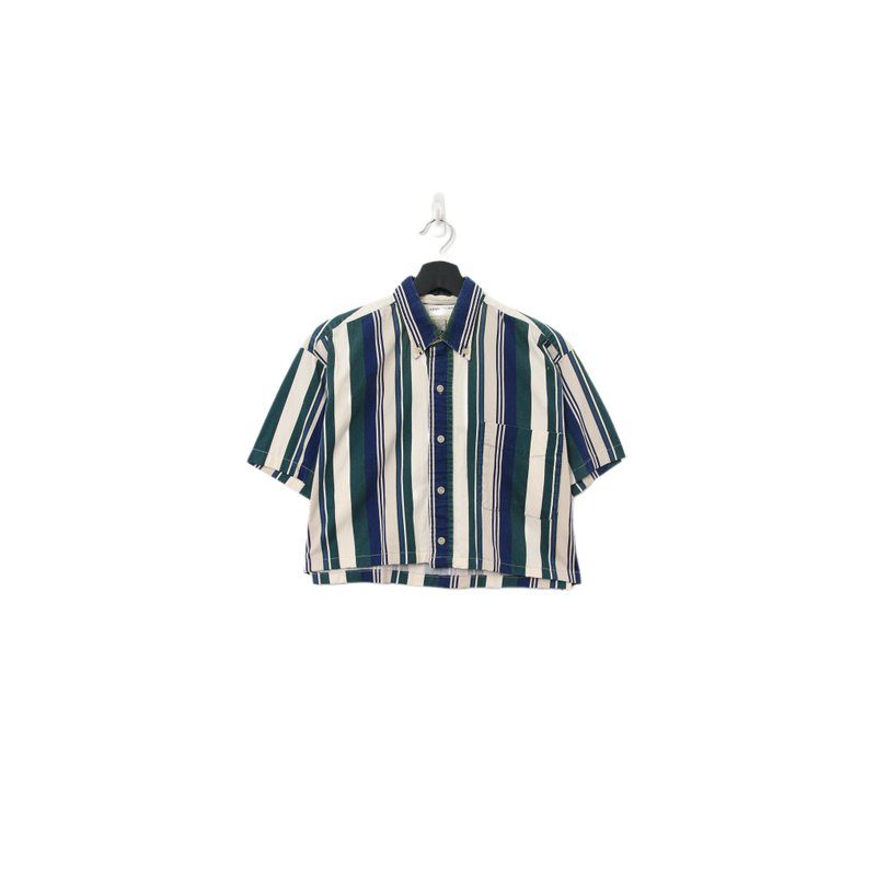 Back to Green-再制条纹短板衬衫 绿蓝交织 ds-07//vintage shirt - 女装衬衫 - 棉．麻 