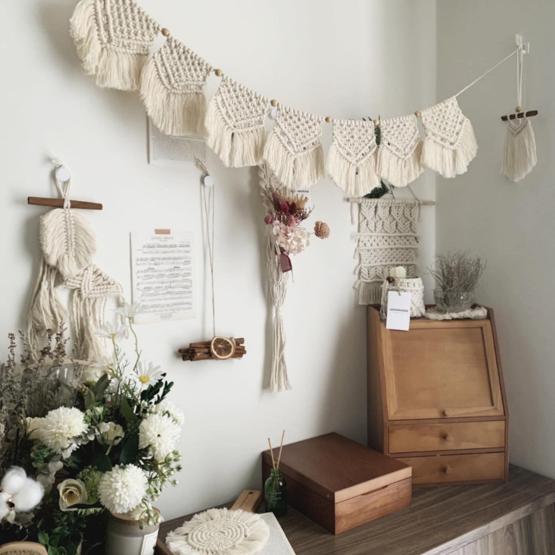 Macrame 波西米亚 派对 露营 手工 编织 旗帜 流苏吊旗 - 门帘/门牌 - 棉 白色