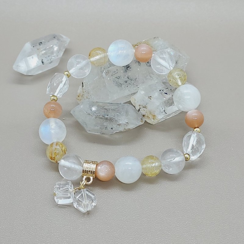 月光石太阳石金发晶白幽灵白水晶配14K - 适合五行缺金佩戴 - 手链/手环 - 半宝石 