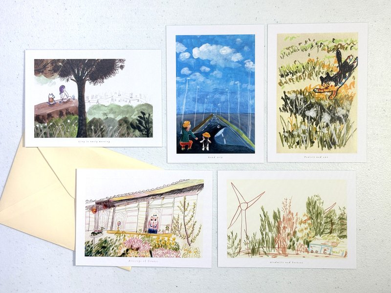 插画明信片五入套组-旅行 - 卡片/明信片 - 纸 