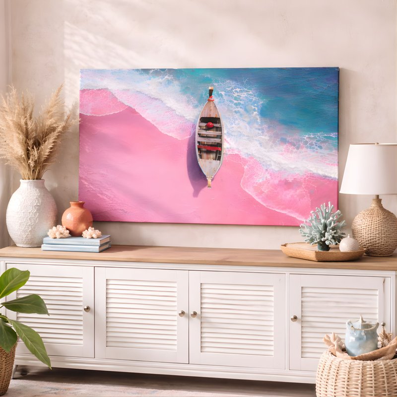 粉色海滩挂画, 马卡龙海景画, 粉蓝海洋装饰, 治愈系壁画, 客厅卧 - 墙贴/壁贴 - 棉．麻 