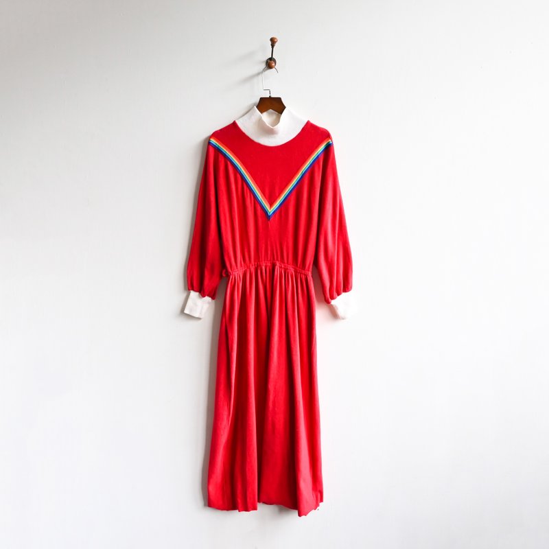 【蛋植物古着】日本制胜利彩虹针织古着洋装 - 洋装/连衣裙 - 其他人造纤维 红色