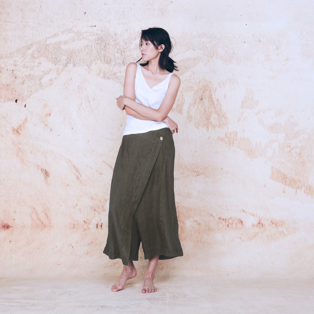 手工棉麻低裆裤裙 - 墨绿 - 女装长裤 - 棉 绿色