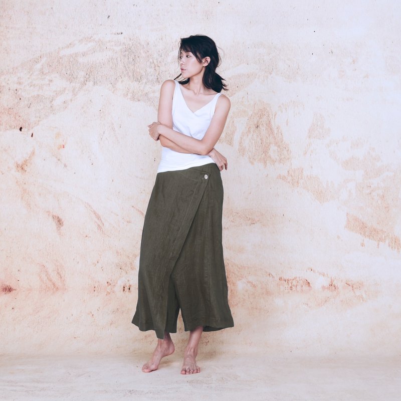 手工棉麻低裆裤裙 - 墨绿 - 女装长裤 - 棉 绿色