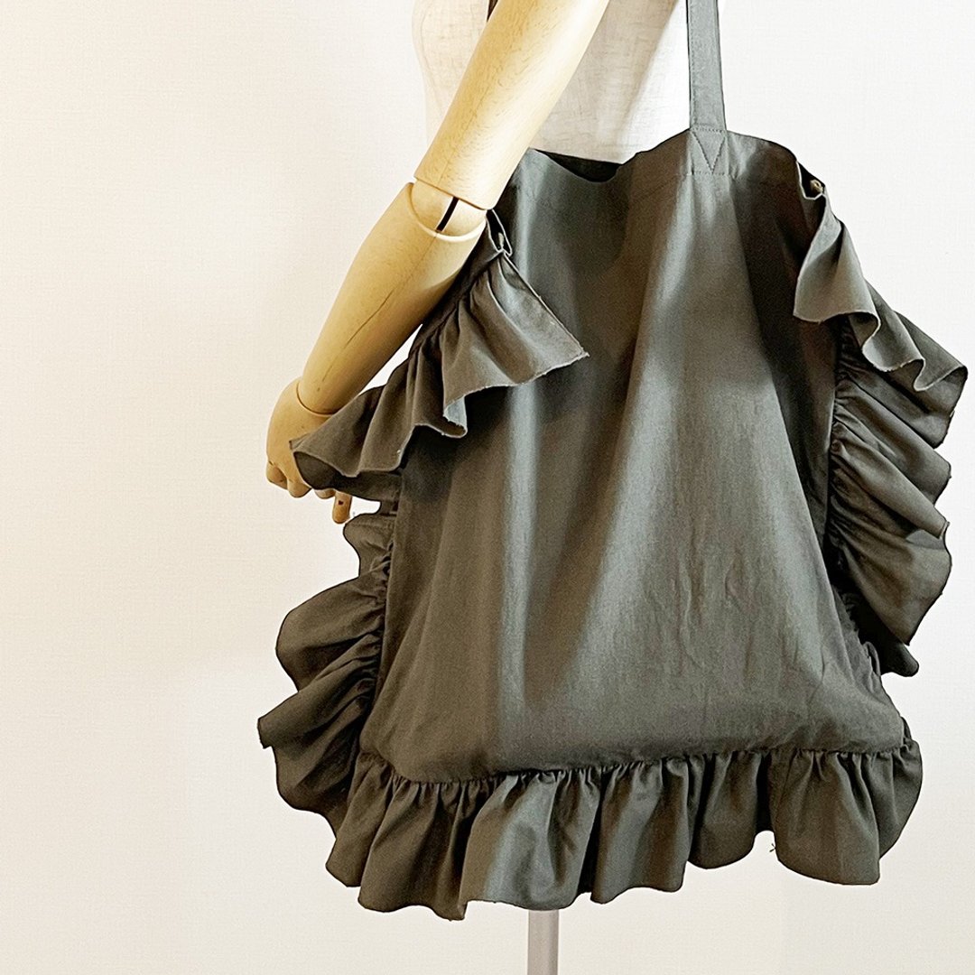 Half Linen ruffle gather big size tote bag grayish khaki - 手提包/手提袋 - 棉 绿色