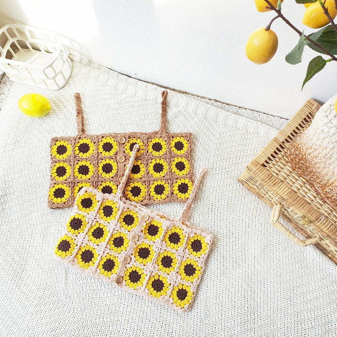 Sunflower Crochet Cami Strap - 女装上衣 - 棉 卡其色