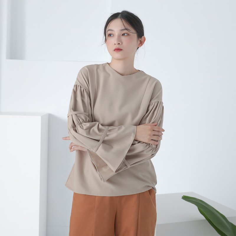 Hexian_合弦皱褶上衣_22AF005_杏 - 女装上衣 - 聚酯纤维 卡其色