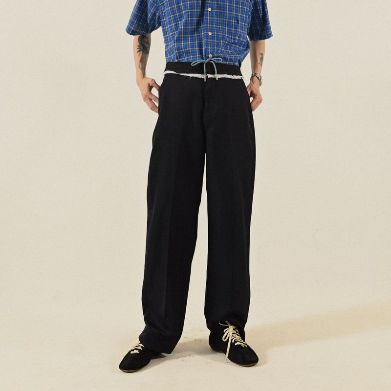 【NaSuBi Vintage】Upcycling须边饰布古着长裤 - 男士长裤 - 其他人造纤维 黑色