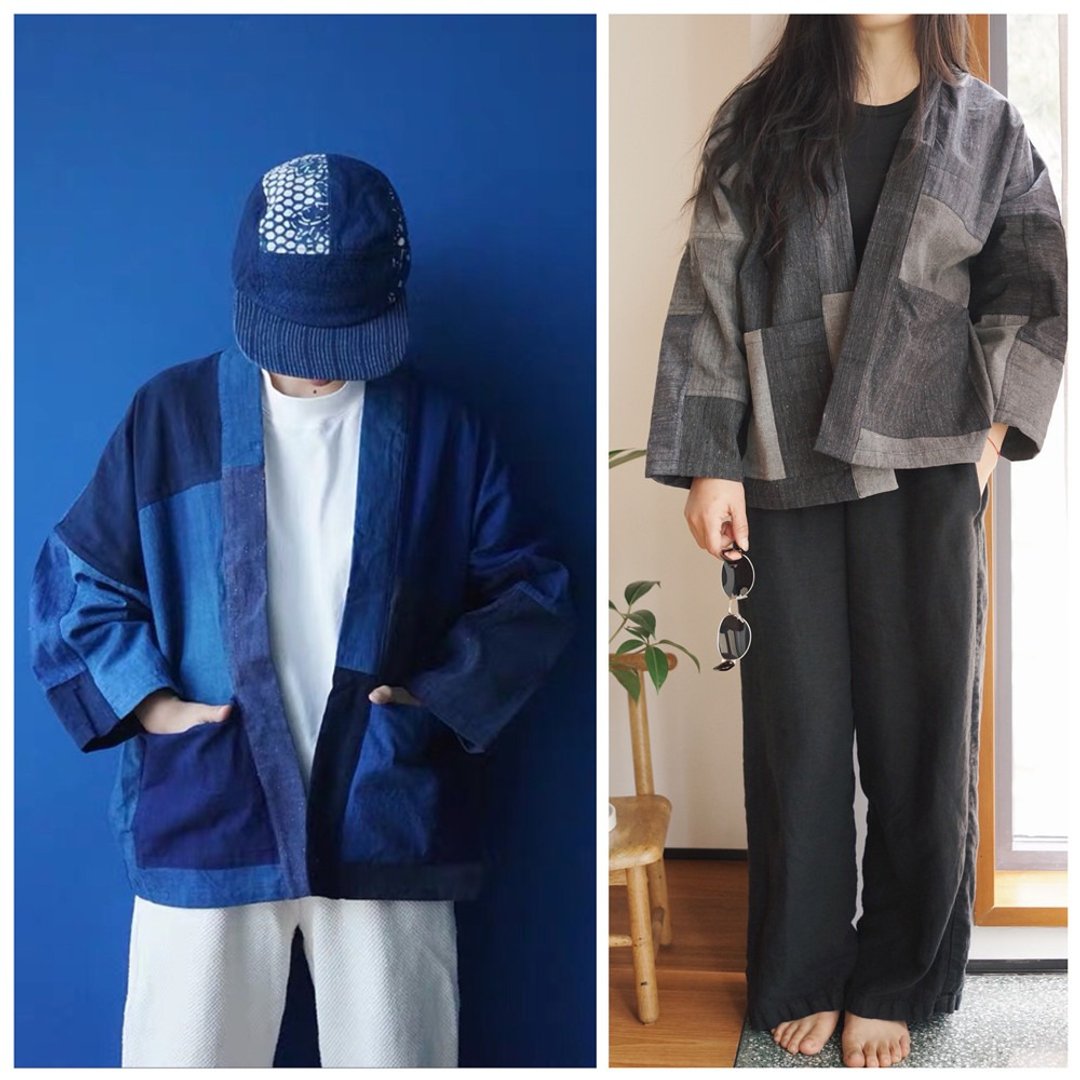 灰色 土布日式和風開衫外套 野良著 indigo拼布外套中性風格 - 女装休闲/机能外套 - 棉 灰色