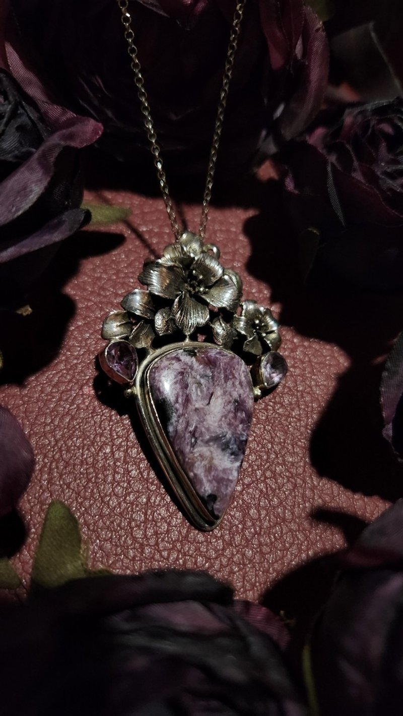 天然紫龙晶及紫晶S925 纯银手工立体花卉吊坠项链圣诞礼盒 - 项链 - 纯银 紫色