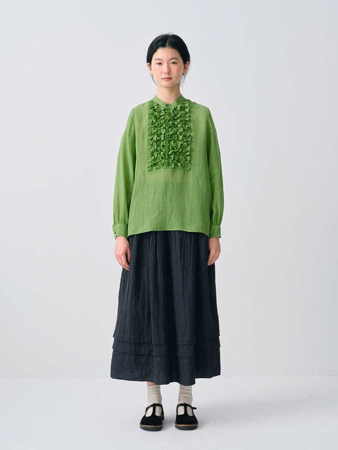 显白小草绿苎麻复古花边长袖衬衫 - 女装上衣 - 棉 黑色