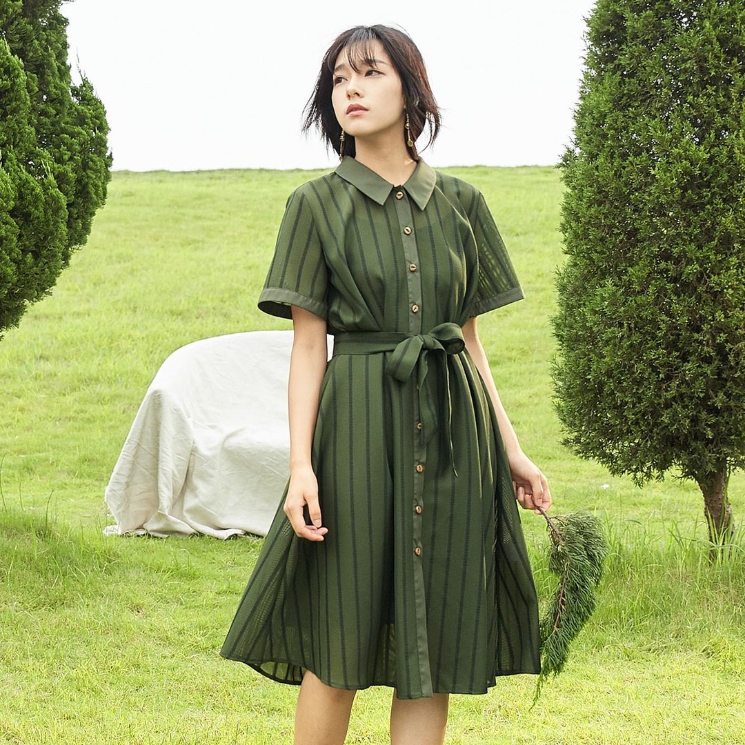 安妮陈2017夏装新款女士竖条纹两件套连身裙洋装 - 洋装/连衣裙 - 其他材质 绿色