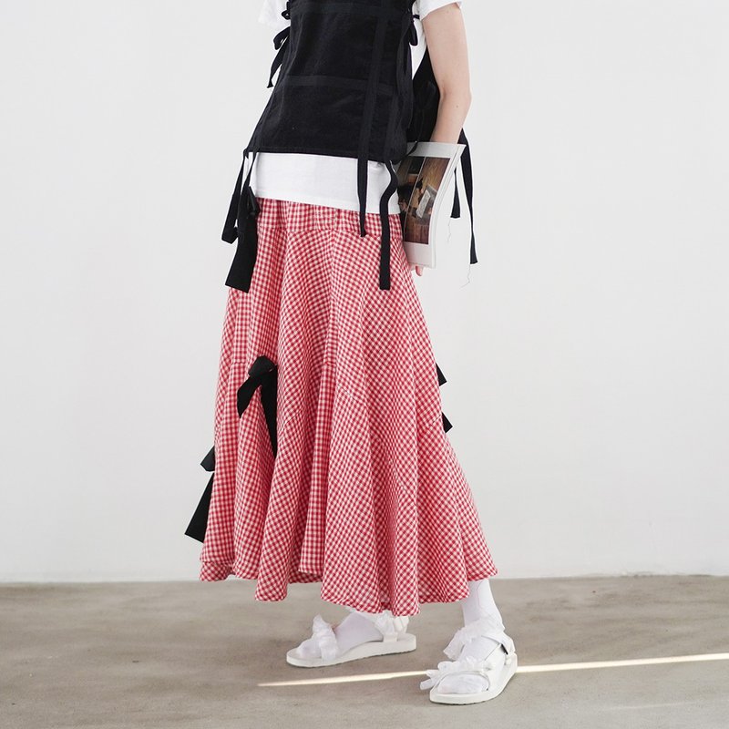 黑蝴蝶结红色格纹半身裙  - imakokoni - 裙子 - 棉．麻 红色