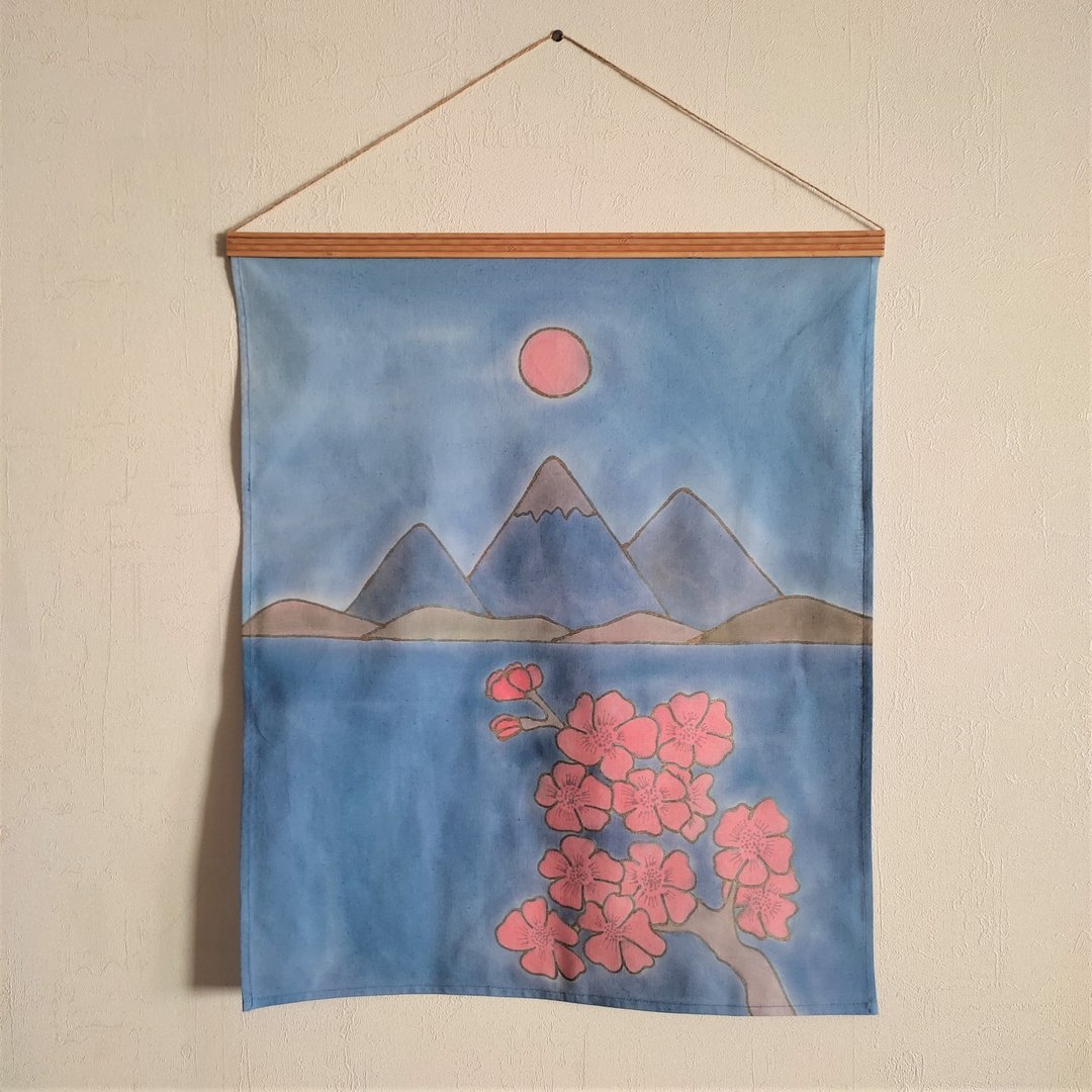 Hanging Fabric Wall Decoration Mountain Landscape with Cherry Blossom Tapestry - 墙贴/壁贴 - 棉 蓝色