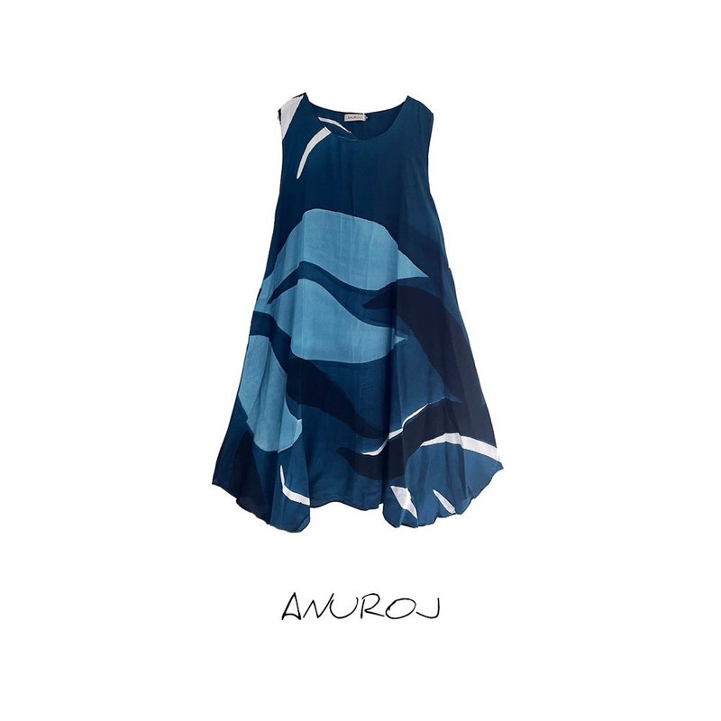 Dress Hand Paint Soft Cotton Silk for Yoga Vacation Holidays - 洋装/连衣裙 - 棉．麻 蓝色