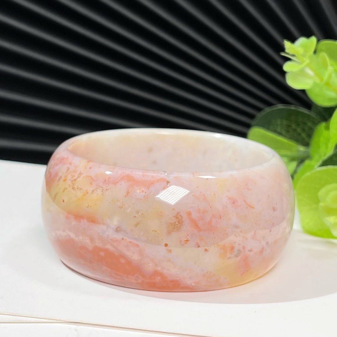多彩玉化海洋碧玉手镯58MM 老矿冰润奶油橘玉髓手环宽款 蜜糖之夏 - 手链/手环 - 半宝石 
