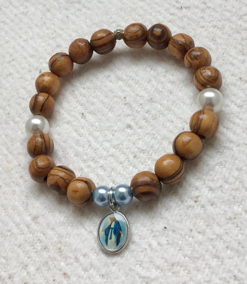 以色列进口橄榄木搭配施华洛世奇水晶珍珠手环圣母圣像8250853 - 手链/手环 - 木头 多色