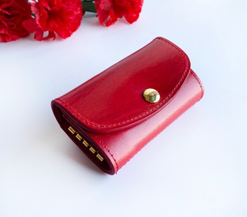 红宝石红拉链口袋钥匙包｜意大利皮革｜可收纳智慧钥匙｜可刻字 - 钥匙链/钥匙包 - 真皮 红色