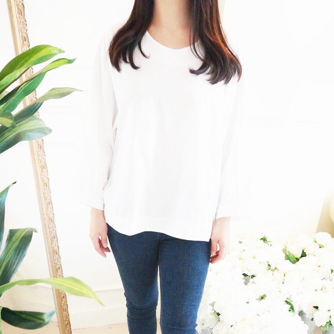 纯棉宽袖圆领衫/白色 - 女装上衣 - 棉 白色