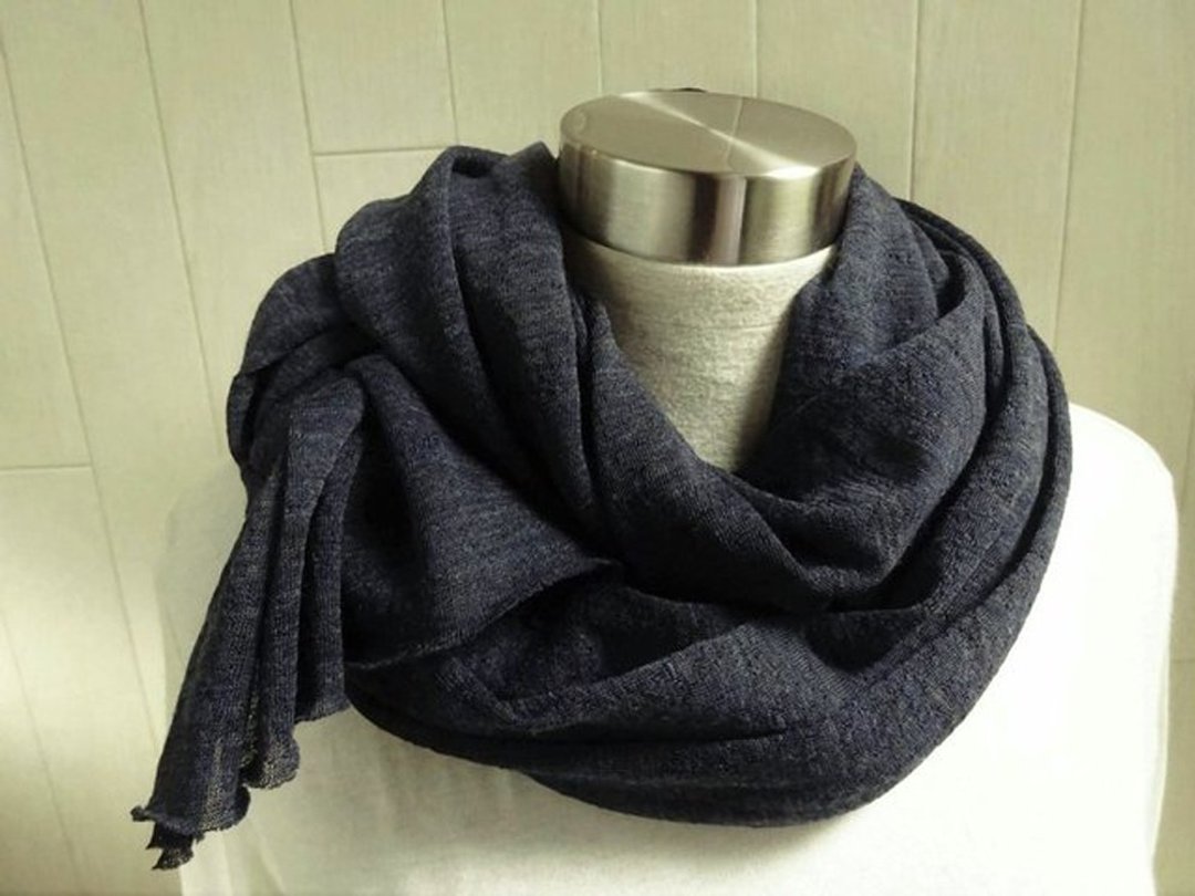 Wool knit stole navy - 围巾/披肩 - 羊毛 蓝色