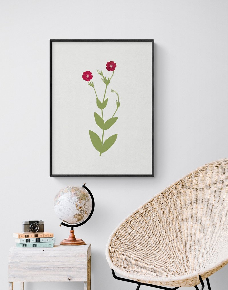 Crimson Red Pressed Wildflower Art Print, Unique Flower Poster Wall Art - 海报/装饰画/版画 - 纸 红色