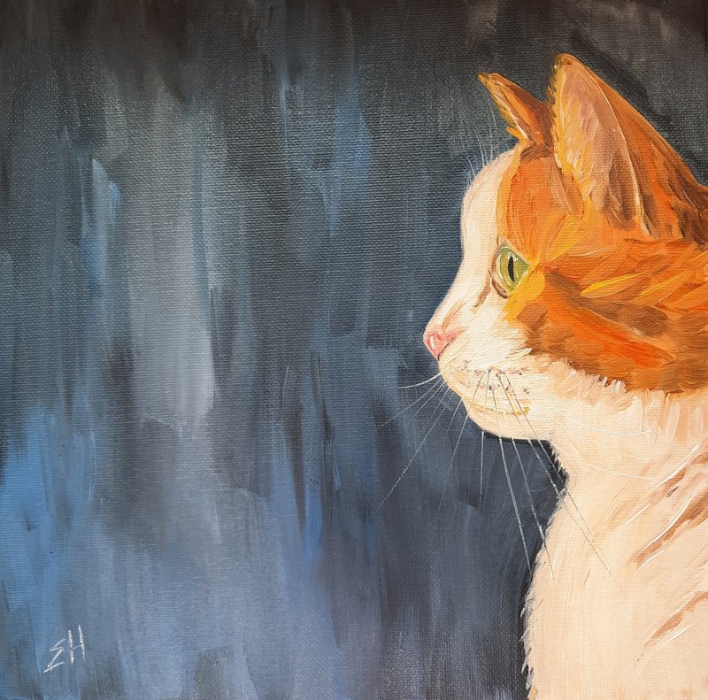 Ginger cat oil painting White cat painting Pet portrait painting on canvas - 海报/装饰画/版画 - 棉．麻 橘色