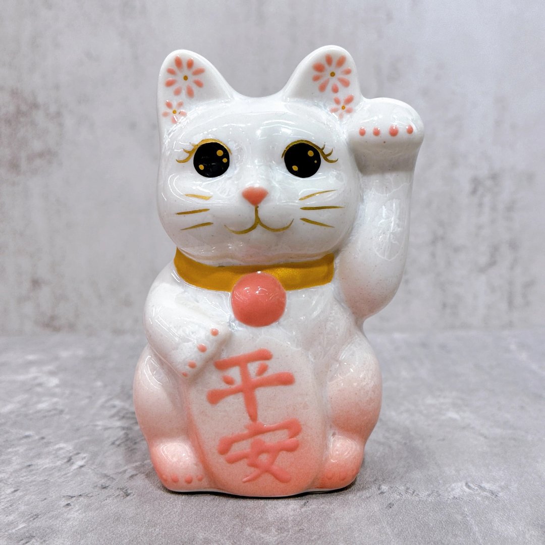 【福喵守护】日本清水烧招财猫 | 花结晶 桃白 平安 左 特小 - 摆饰 - 瓷 白色